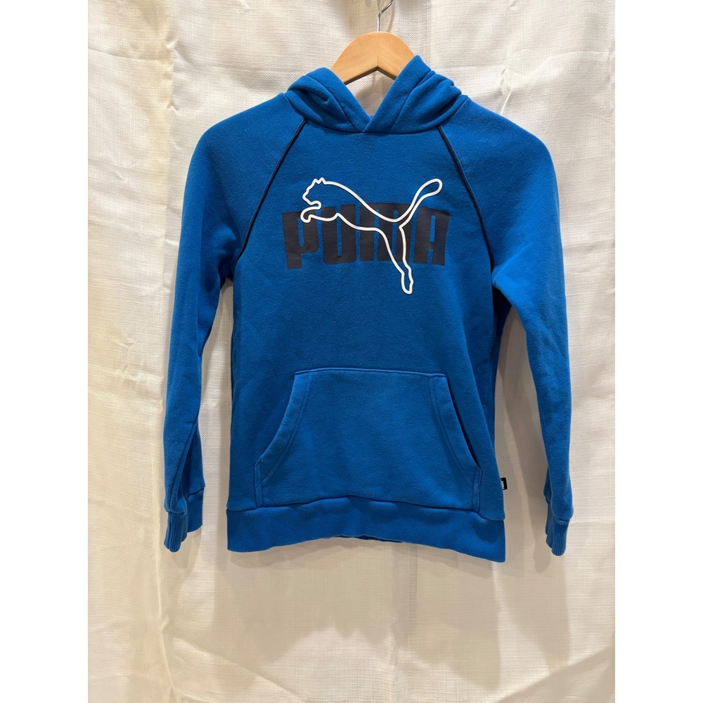 Puma Boys Blue Fleece Pullover Hoodie Logo Graphic Sweatshirt Size L 1518579